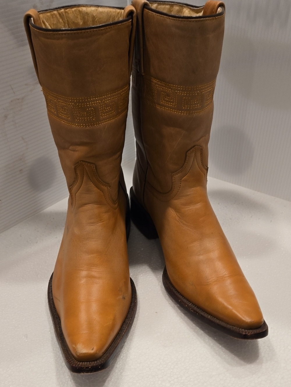 RUDE Brown Leather Cowboy Boots with Stitched Shaft Detail
